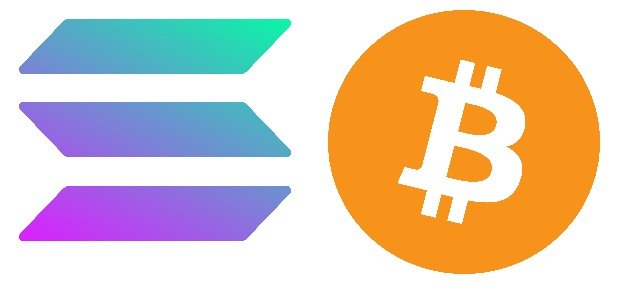 Solana Versus Bitcoin: The picture shows logos of both the cryptocurrencies.