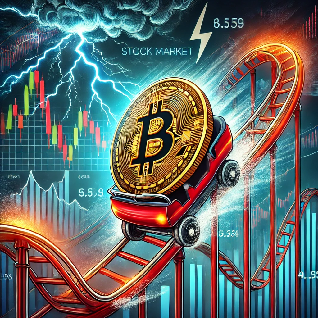 Illustration depicting Bitcoin volatility, featuring a Bitcoin coin on a rollercoaster ride with extreme peaks and valleys,