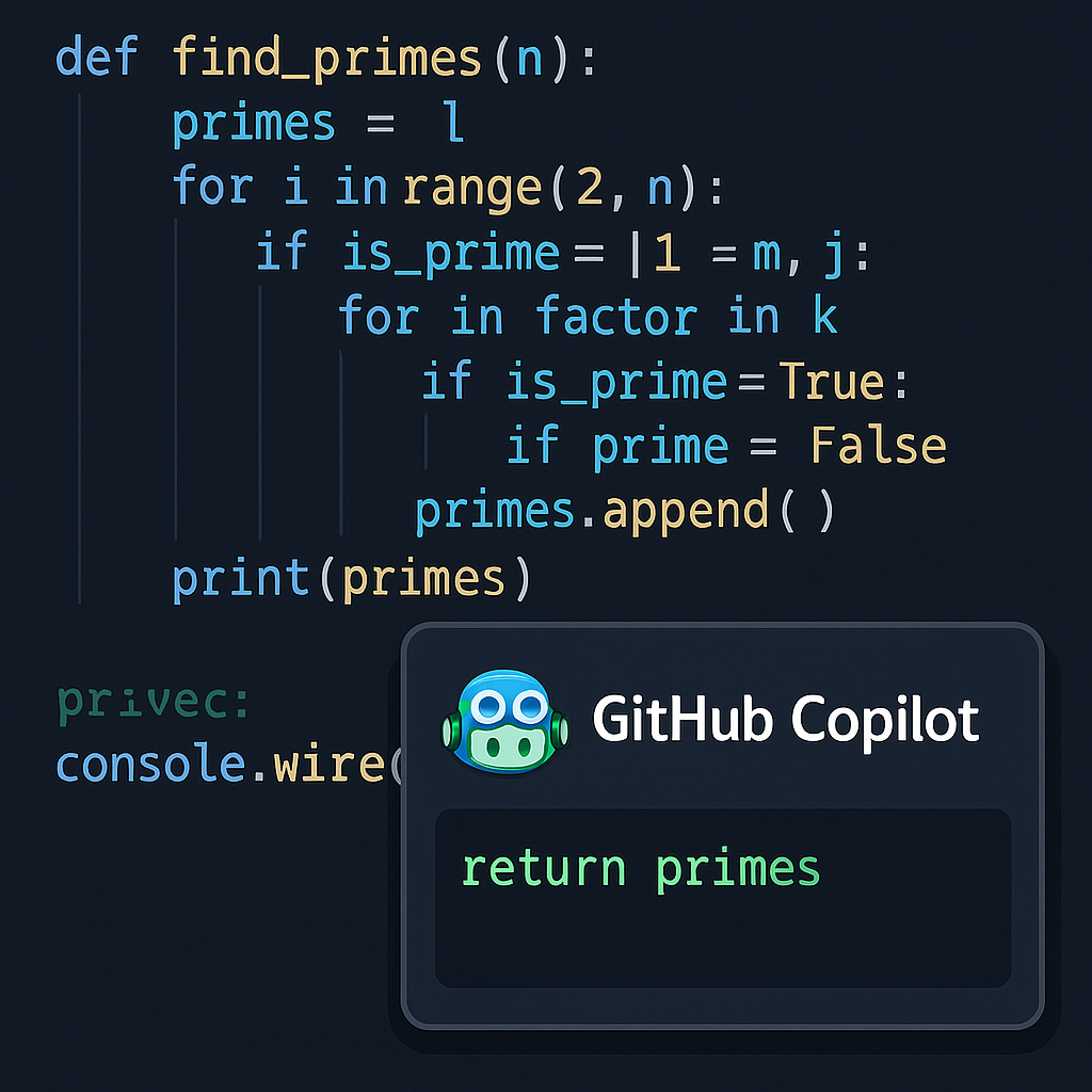 Image depicting GitHub Copilot in action, assisting with coding while lines of code flow in the background.