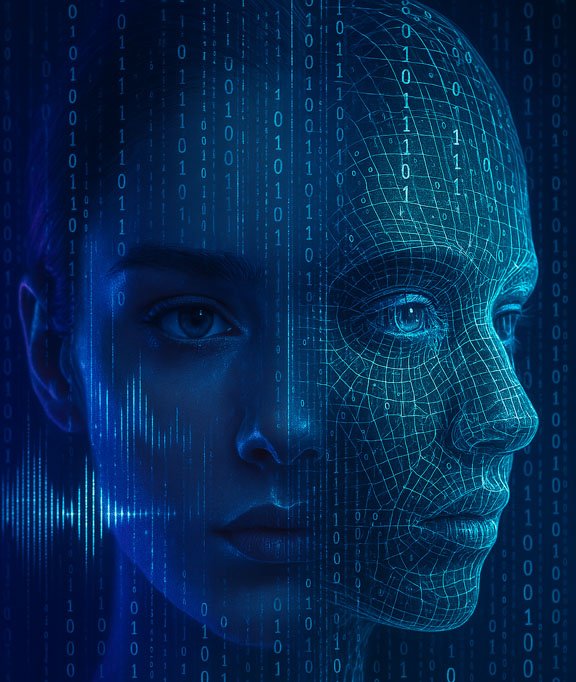 A futuristic digital illustration that represents deepfake technology and synthetic voices by fusing a human face with AI-generated elements. Overlapping the image are glowing data streams and binary code, which stand for voice and image manipulation that frequently undermine trustworthy AI.