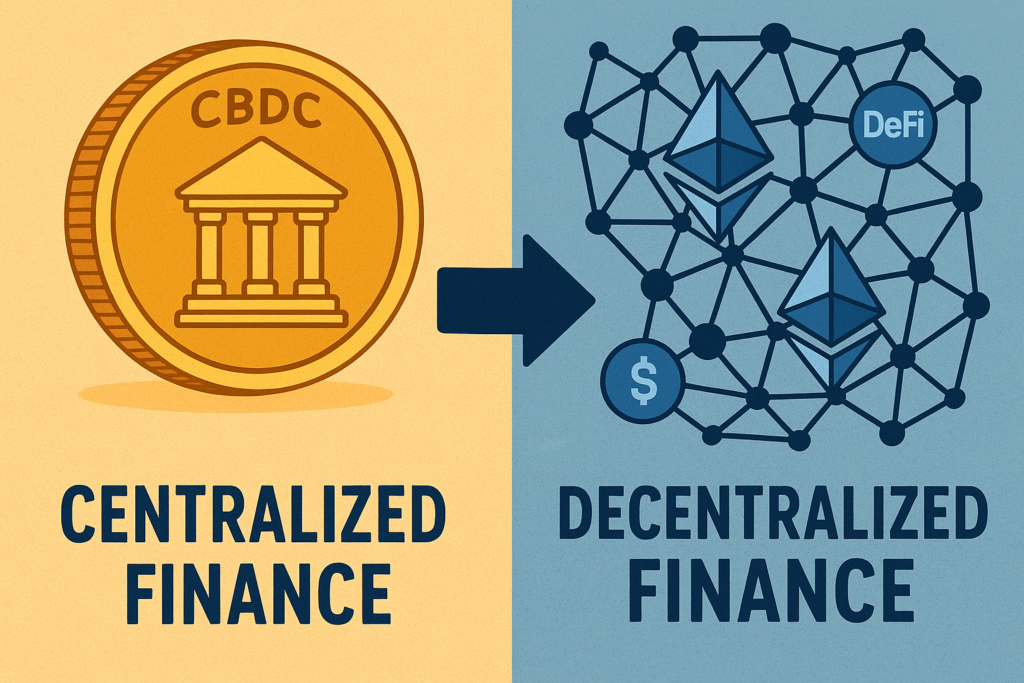 A digital illustration that contrasts CBDCs and DeFi. A decentralized blockchain network featuring Ethereum-style nodes and DeFi symbols is on one side, while a government-issued CBDC coin featuring an icon of a bank building is on the other. The two are connected by an arrow bridge, which represents possible harmony or discord.