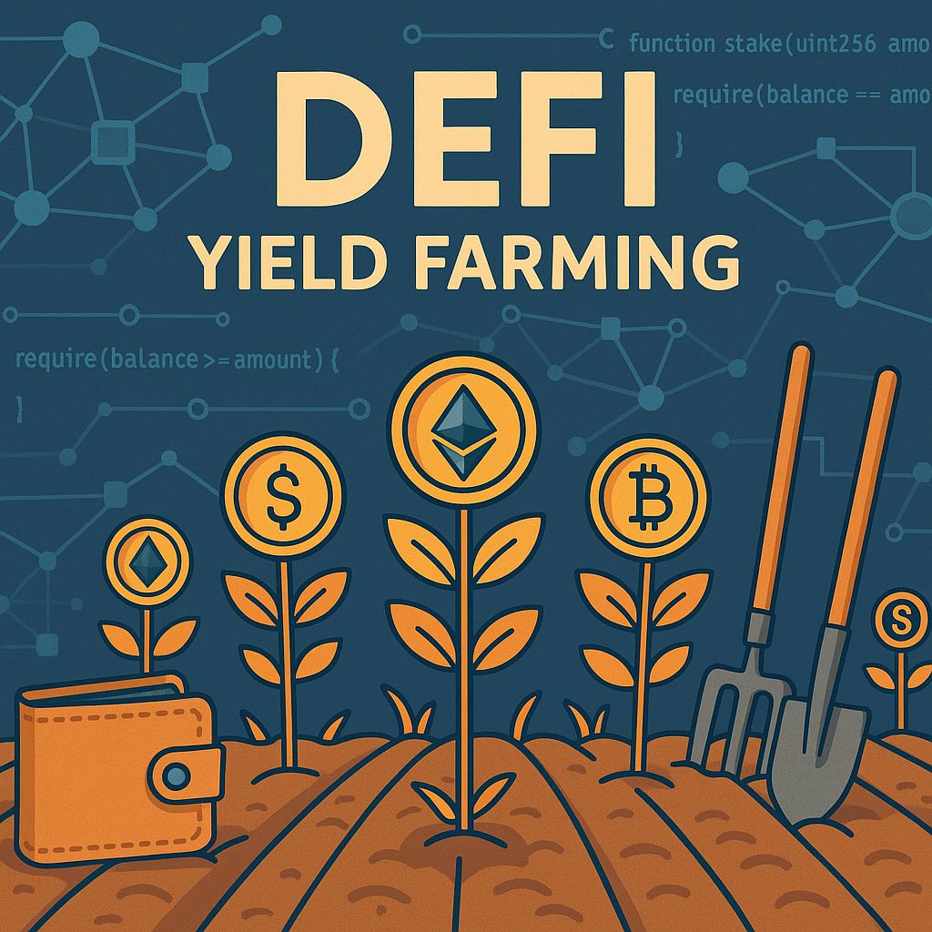 A digital illustration showing decentralized finance (DeFi) yield farming, with cryptocurrency tokens growing like plants in a field, interconnected by blockchain network lines and smart contract code snippets in the background. A wallet and farming tools symbolize staking and liquidity mining.